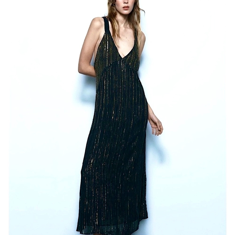 Zara Black Metallic-Striped Midi Dress